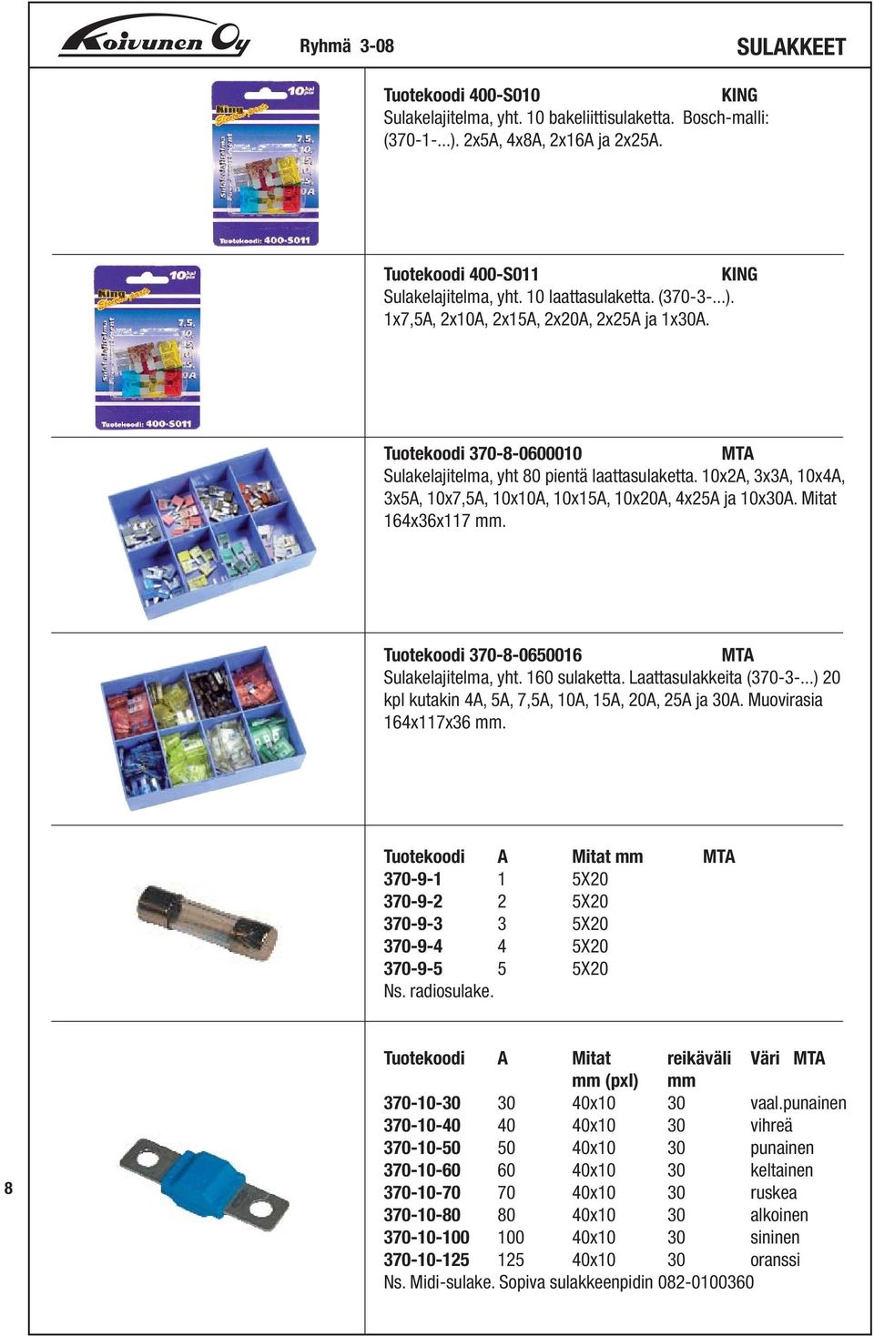 10x2A, 3x3A, 10x4A, 3x5A, 10x7,5A, 10x10A, 10x15A, 10x20A, 4x25A ja 10x30A. Mitat 164x36x117 mm. Tuotekoodi 370-8-0650016 Sulakelajitelma, yht. 160 sulaketta. Laattasulakkeita (370-3-.