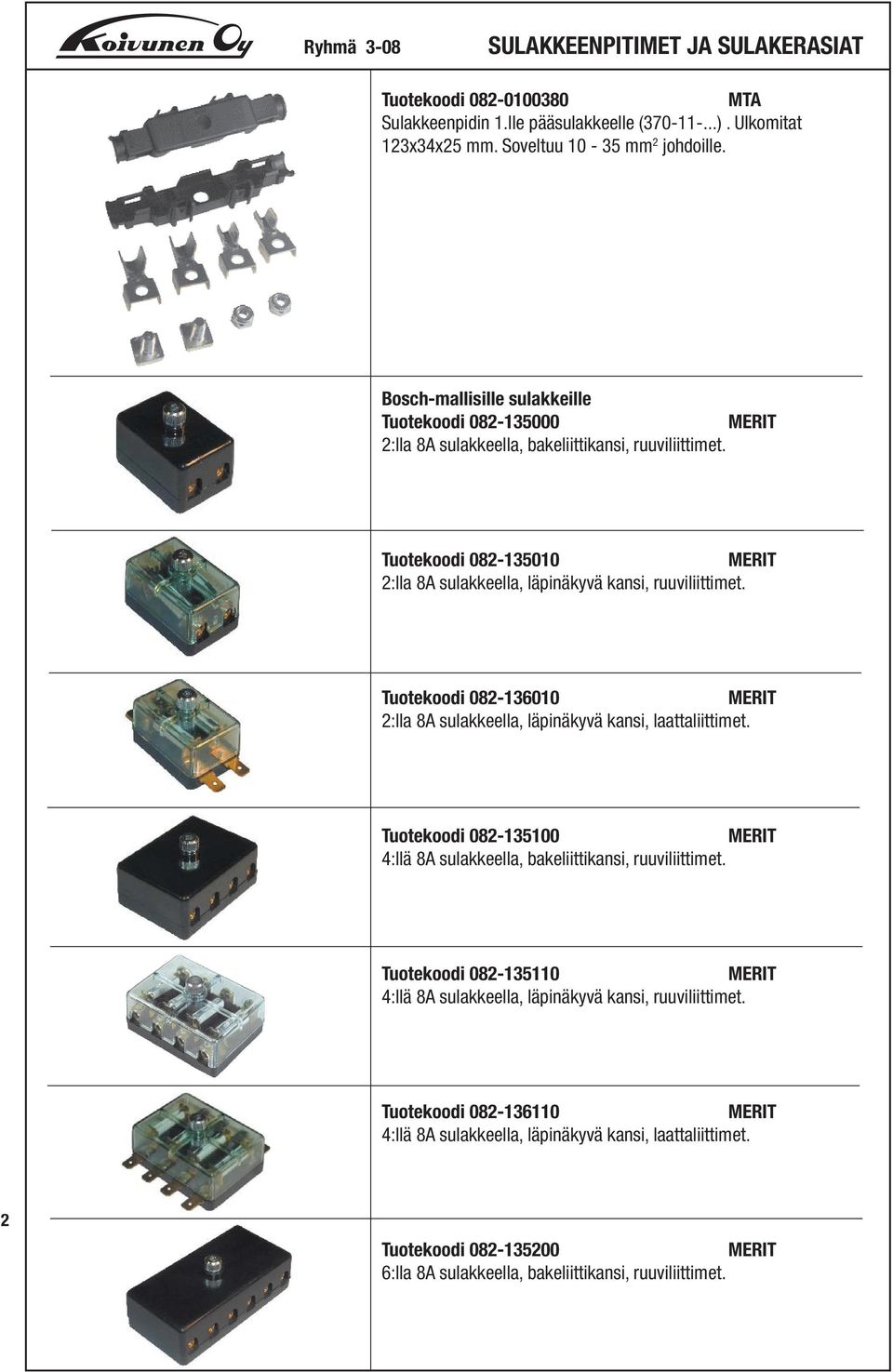 Tuotekoodi 082-136010 MERIT 2:lla 8A sulakkeella, läpinäkyvä kansi, laattaliittimet. Tuotekoodi 082-135100 MERIT 4:llä 8A sulakkeella, bakeliittikansi, ruuviliittimet.