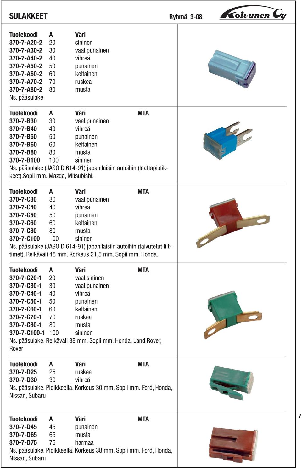 punainen 370-7-B40 40 vihreä 370-7-B50 50 punainen 370-7-B60 60 keltainen 370-7-B80 80 musta 370-7-B100 100 sininen Ns. pääsulake (JASO D 614-91) japanilaisiin autoihin (laattapistikkeet).sopii mm.