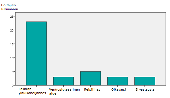32 5.3 Ventrogluteaalinen injektio ja opiskelijaohjaus Hoitajista 23 (62,2 %) ohjaa opiskelijan pistämään injektion pakaran yläulkoneljännekseen (kuvio 17).