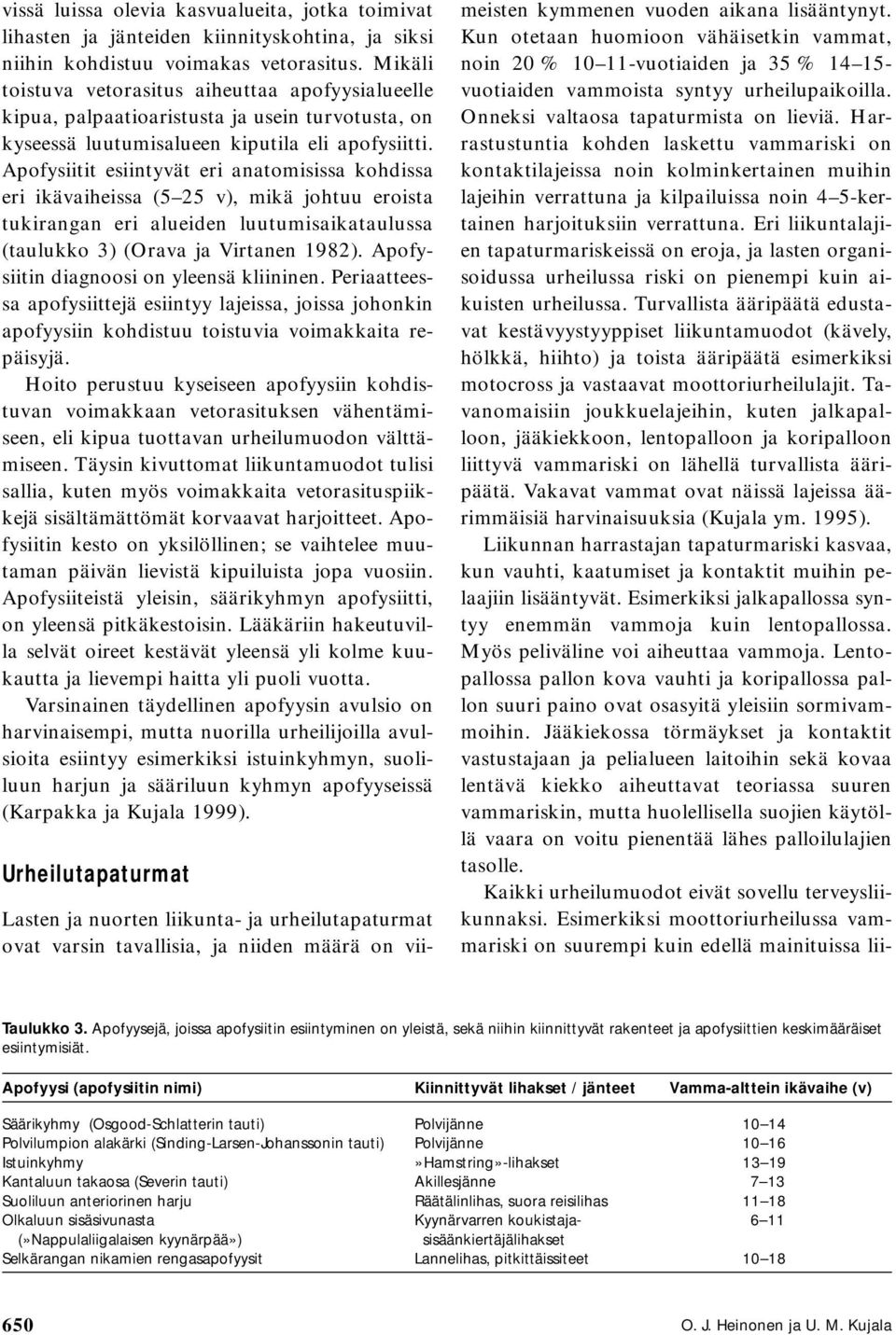 Apofysiitit esiintyvät eri anatomisissa kohdissa eri ikävaiheissa (5 25 v), mikä johtuu eroista tukirangan eri alueiden luutumisaikataulussa (taulukko 3) (Orava ja Virtanen 1982).