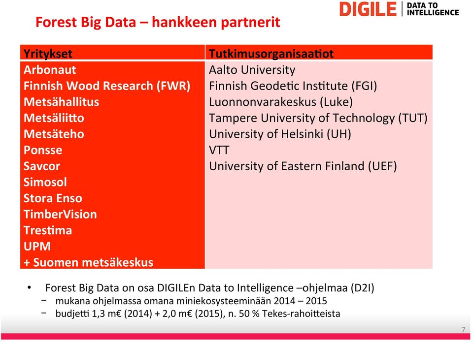 Tampere University of Technology (TUT) University of Helsinki (UH) VTT University of Eastern Finland (UEF) Forest Big Data on osa DIGILEn Data to