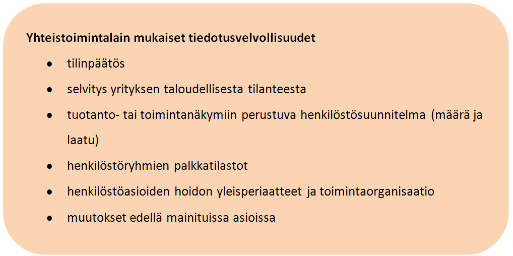 34 4.2.8 Laki yhteistoiminnasta yrityksissä Sisäinen tiedotus ei perustu vain henkilöstön ja yhteisön tarpeeseen tiedottaa, vaan myös lainsäädäntöön (Siukosaari 2002, 83).