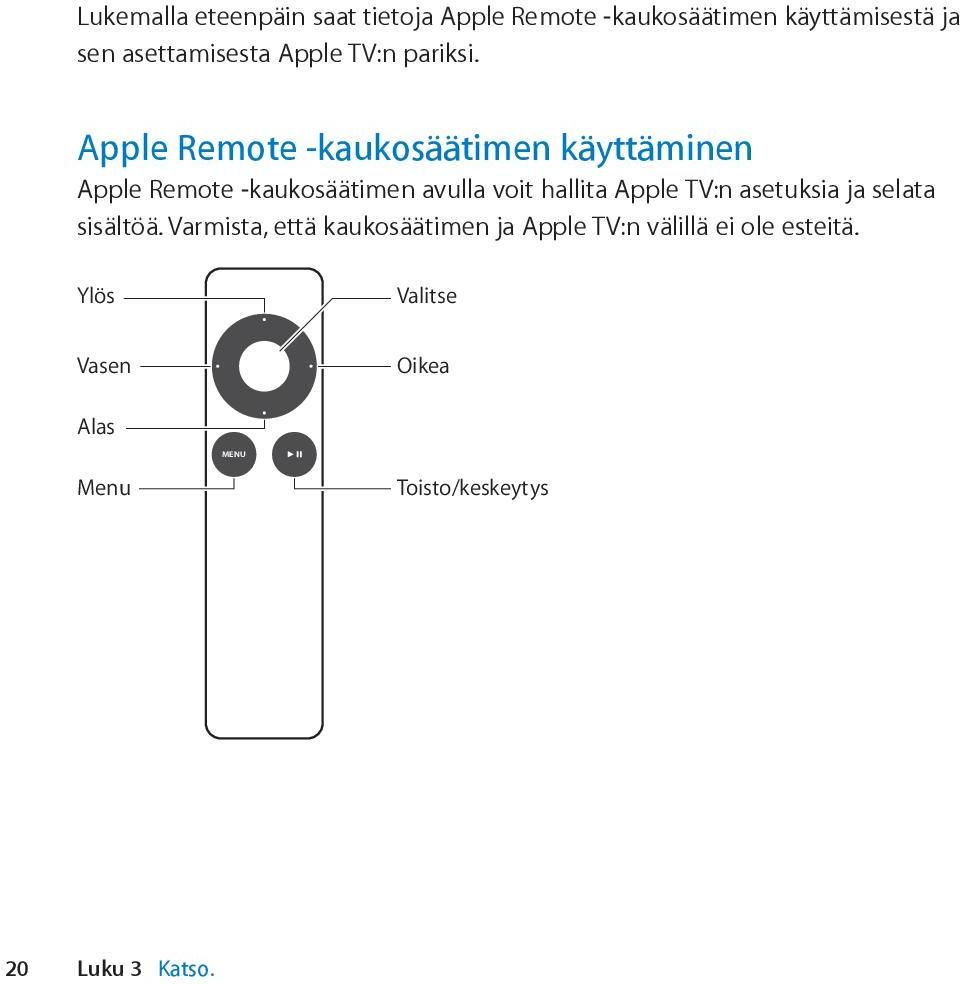 Apple Remote -kaukosäätimen käyttäminen Apple Remote -kaukosäätimen avulla voit hallita Apple