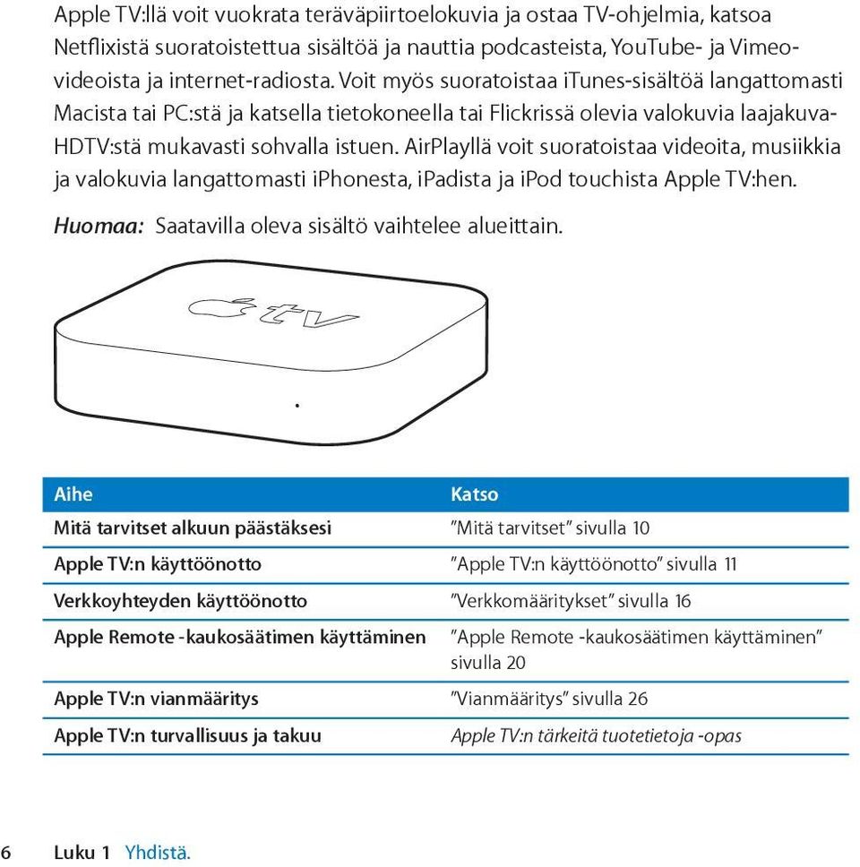 AirPlayllä voit suoratoistaa videoita, musiikkia ja valokuvia langattomasti iphonesta, ipadista ja ipod touchista Apple TV:hen. Huomaa: Saatavilla oleva sisältö vaihtelee alueittain.