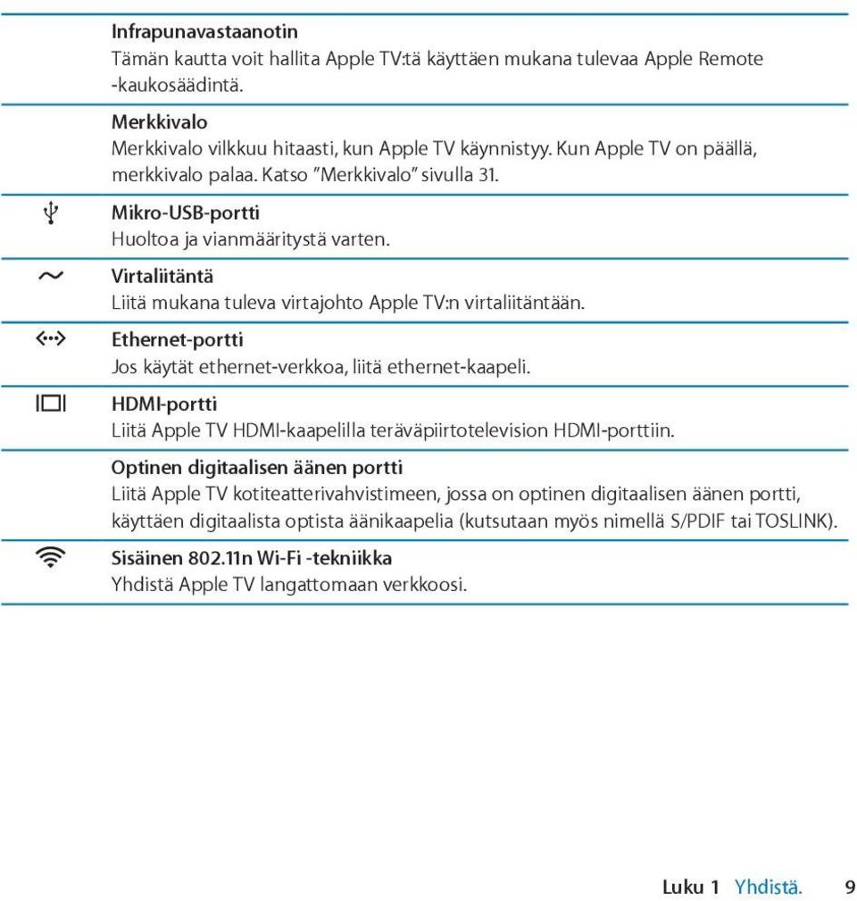 G Ethernet-portti Jos käytät ethernet-verkkoa, liitä ethernet-kaapeli. HDMI-portti Liitä Apple TV HDMI-kaapelilla teräväpiirtotelevision HDMI-porttiin.