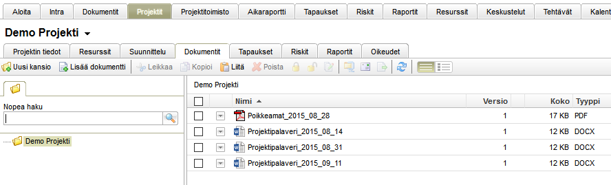 Projektit Projektin valitseminen Nyt voit siirtyä projektista toiseen klikkaamalla projektin nimen vieressä olevaa pientä nuolta. Esiin tuleva lista näyttää viimeisimmäksi avatut projektit.