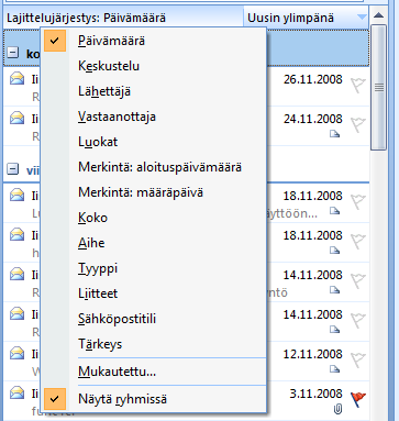 Uudet ominaisuudet Outlook 2007 -sähköposti 7/8 Viestien lajittelu Pikahaku on usein riittävä toiminto halutun viestin löytämiseksi, mutta lajittelujärjestyksen avulla voit normaalin