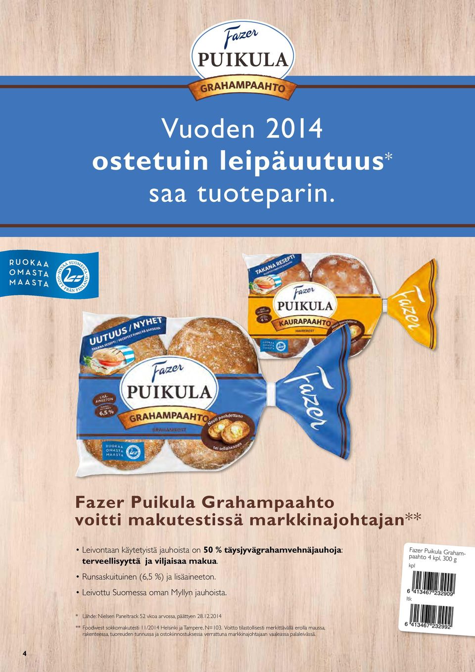 viljaisaa makua. Runsaskuituinen (6,5 %) ja lisäaineeton. Leivottu Suomessa oman Myllyn jauhoista.