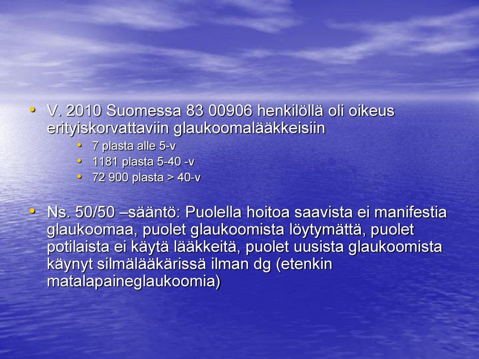 50/50 sääntö: Puolella hoitoa saavista ei manifestia glaukoomaa, puolet glaukoomista