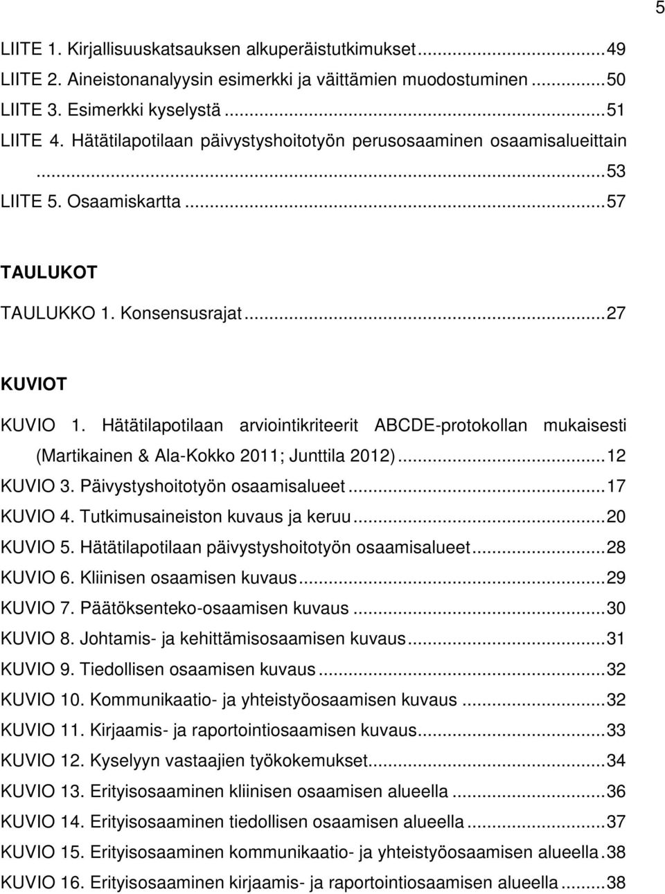 Hätätilapotilaan arviointikriteerit ABCDE-protokollan mukaisesti (Martikainen & Ala-Kokko 2011; Junttila 2012)... 12 KUVIO 3. Päivystyshoitotyön osaamisalueet... 17 KUVIO 4.