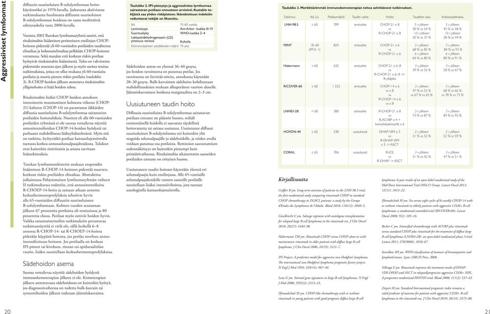 Vuonna 2002 Ranskan lymfoomaryhmä osoitti, että rituksimabin lisääminen perinteiseen ensilinjan CHOPhoitoon pidentää yli 60-vuotiaiden potilaiden tauditonta elinaikaa ja kokonaiselinaikaa pelkkään