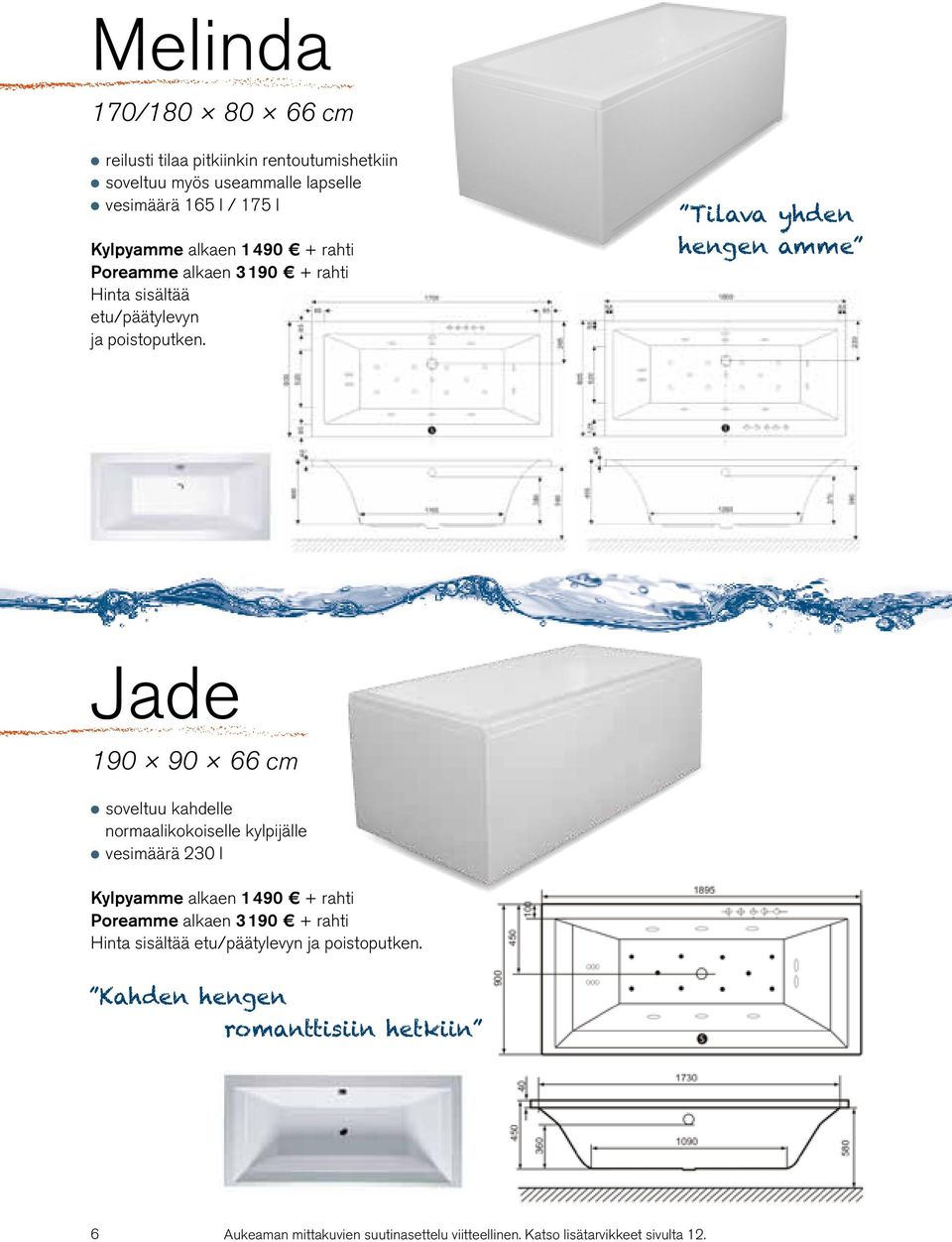 Tilava yhden hengen amme Jade 190 90 66 cm soveltuu kahdelle normaalikokoiselle kylpijälle vesimäärä 230 l Kylpyamme  Kahden hengen