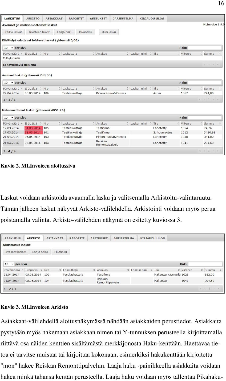 MLInvoicen Arkisto Asiakkaat-välilehdellä aloitusnäkymässä nähdään asiakkaiden perustiedot.