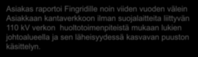 Kantaverkkoon liittyneiden asiakkaiden haarajohtojen kunnon ja puuvarmuuden seuranta Asiakas raportoi Fingridille noin viiden vuoden välein Asiakkaan kantaverkkoon ilman suojalaitteita liittyvän 110