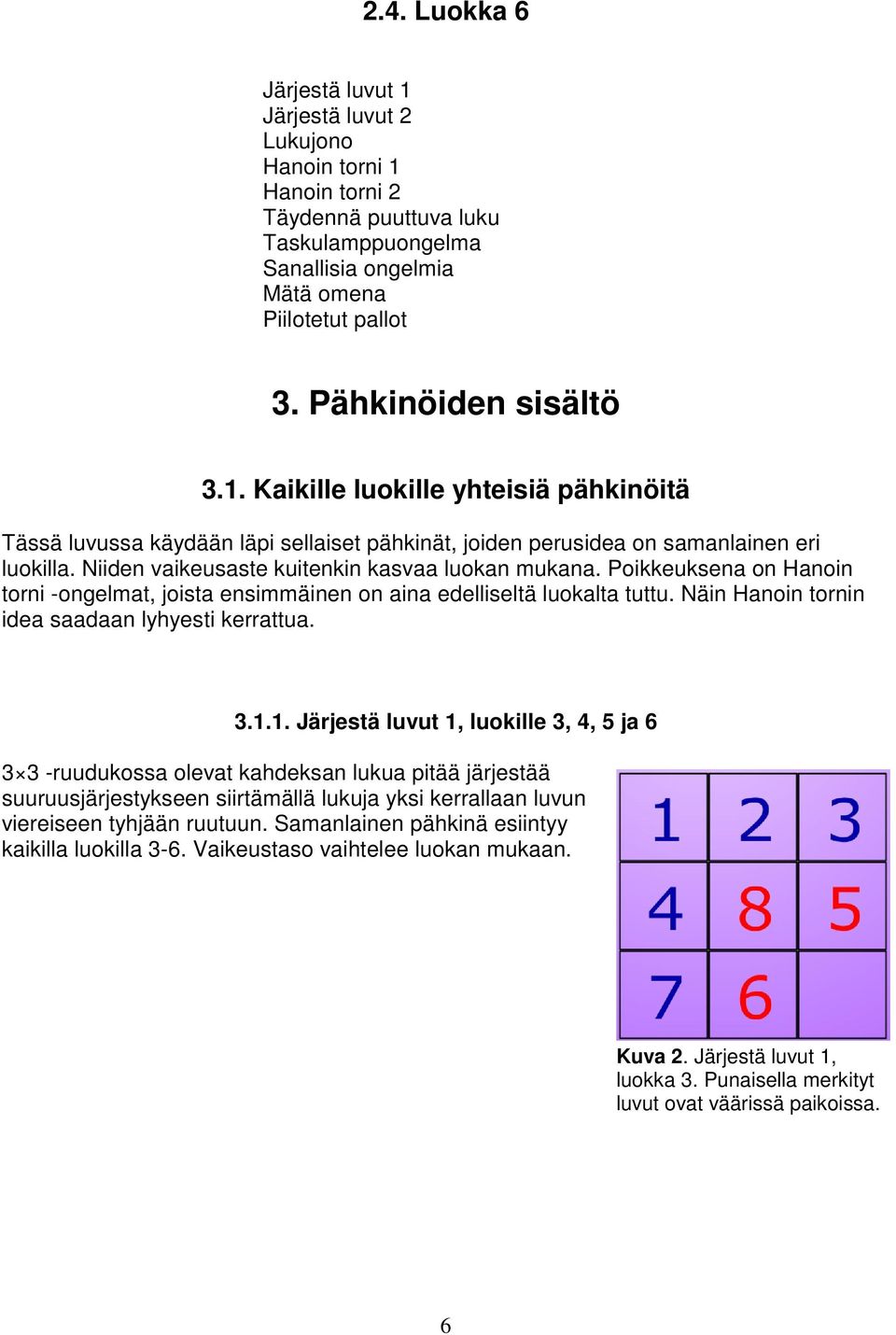 Niiden vaikeusaste kuitenkin kasvaa luokan mukana. Poikkeuksena on Hanoin torni -ongelmat, joista ensimmäinen on aina edelliseltä luokalta tuttu. Näin Hanoin tornin idea saadaan lyhyesti kerrattua. 3.