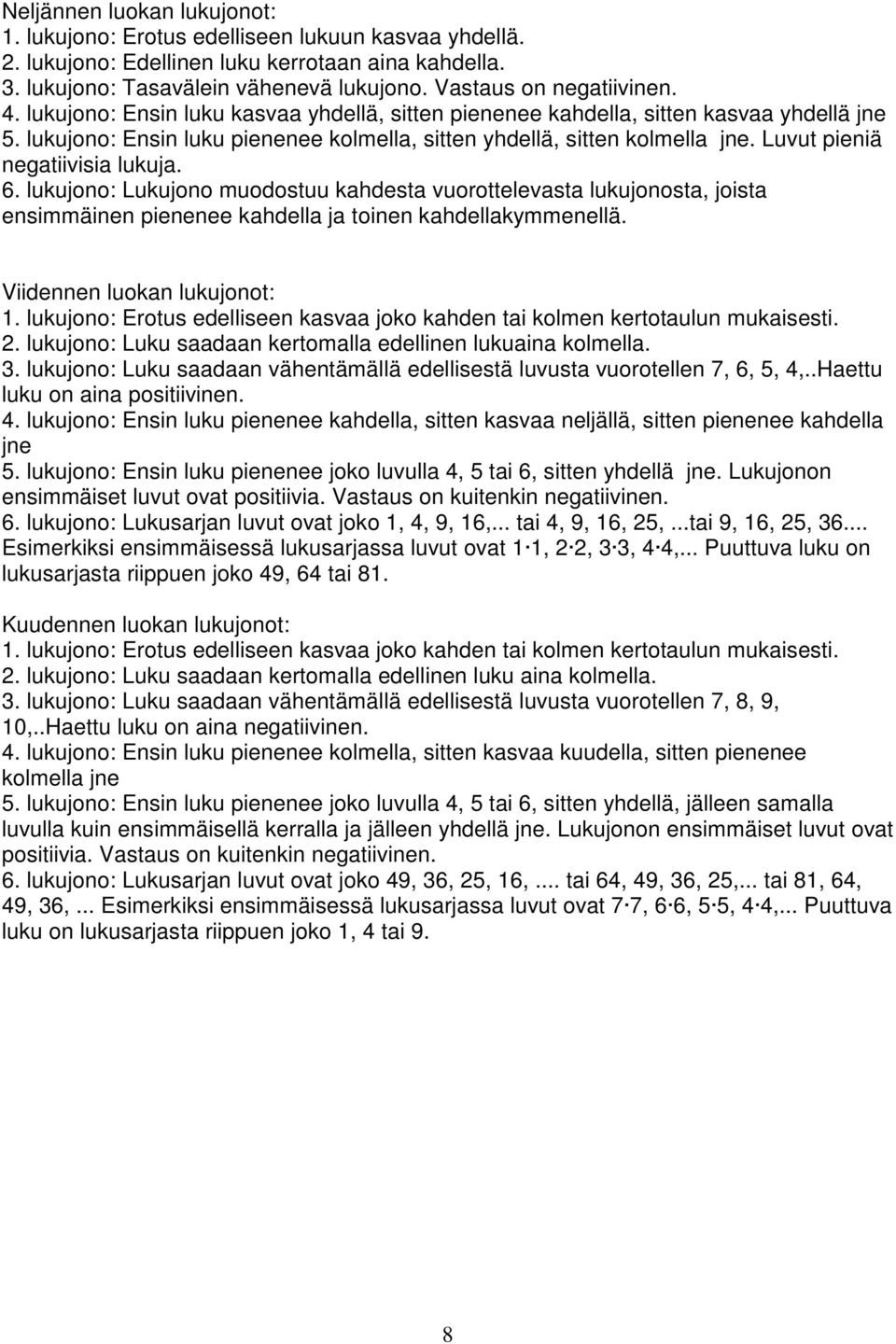 Luvut pieniä negatiivisia lukuja. 6. lukujono: Lukujono muodostuu kahdesta vuorottelevasta lukujonosta, joista ensimmäinen pienenee kahdella ja toinen kahdellakymmenellä.