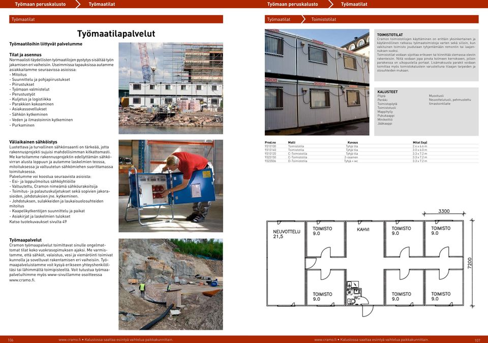 Parakkien kokoaminen - Asiakassovellukset - Sähkön kytkeminen - Veden ja ilmastoinnin kytkeminen - Purkaminen Työmaatilapalvelut TOIMISTOtilat Cramon toimistotilojen käyttäminen on erittäin