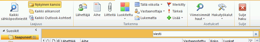 Valintanauhan hakutyökalut -välilehden Kaikki sähköpostiviestit toiminnolla haetaan hakuehtojen mukaisia viestejä kaikien viestien kesken.