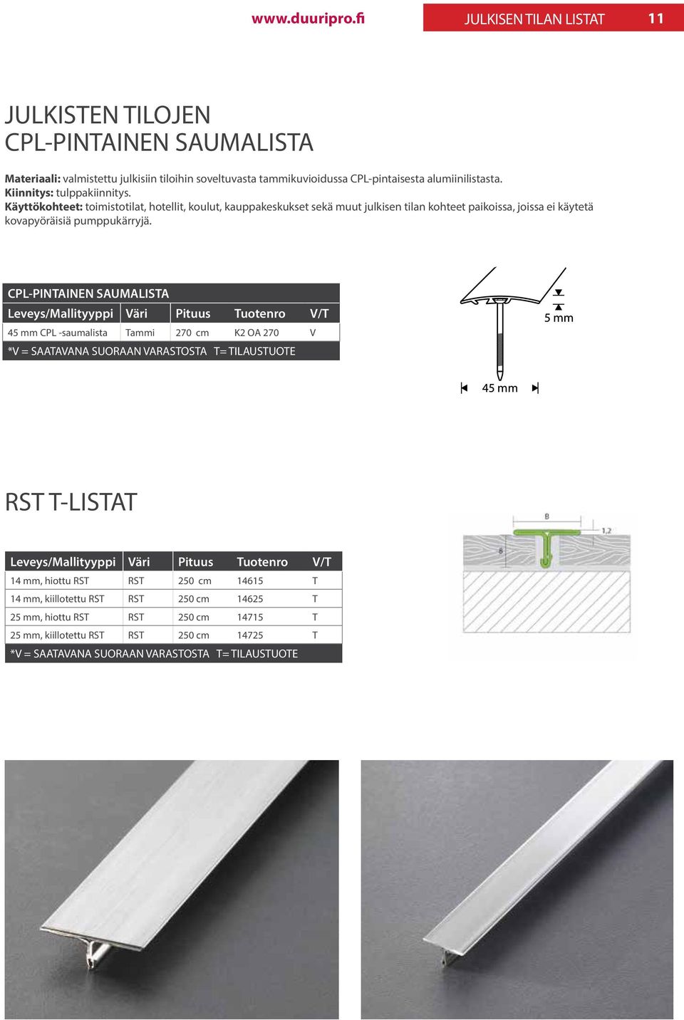 CPL-PINTAINEN SAUMALISTA Leveys/Mallityyppi Väri Pituus Tuotenro V/T 45 mm CPL -saumalista Tammi 270 cm K2 OA 270 V *V = SAATAVANA SUORAAN VARASTOSTA T= TILAUSTUOTE RST T-LISTAT Leveys/Mallityyppi