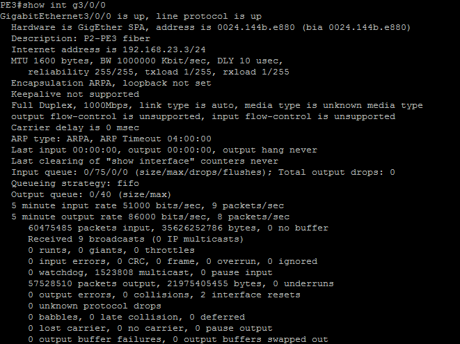 42 Kuva 23. PE3-laitteen OSPF-naapuruussuhteet ovat kunnossa. Tämän jälkeen suoritin PE3- ja P2-laitteiden välisen linkin siirron.