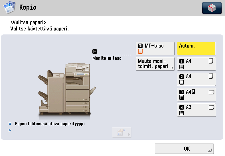 Paperivalinta Normaalisti automaattinen valinta, koko alkuperäisen