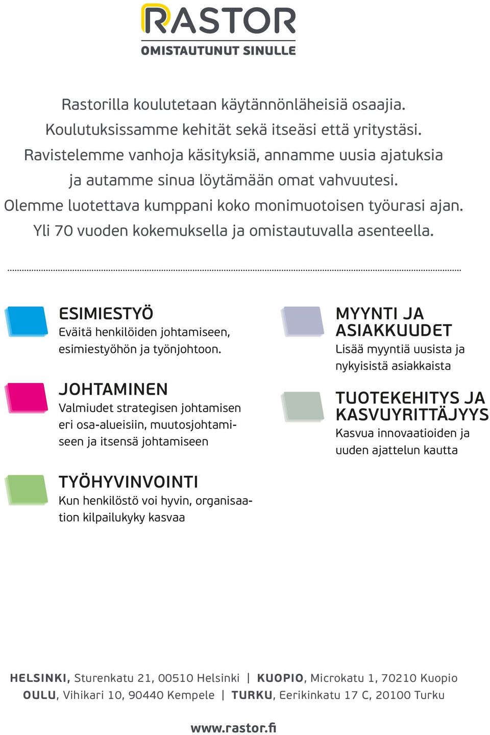 Yli 70 vuoden kokemuksella ja omistautuvalla asenteella. ESIMIESTYÖ Eväitä henkilöiden johtamiseen, esimiestyöhön ja työnjohtoon.