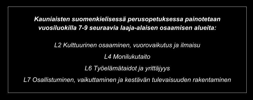 Seuraavassa kuvataan laaja-alaisen osaamisen yleiset tavoitteet vuosiluokilla 7-9. Tarkemmat tavoitteet on kirjattu oppiaineittain.