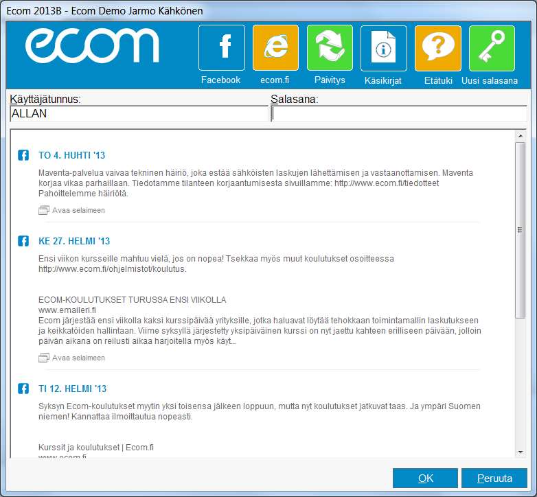 4 Sisäänkirjautuminen Ecomiin käyttäjätunnuksella ja salasanalla Kun Ecomissa on otettu käyttöön käyttäjätunnukset ja salasanat, näyttää Ecomin sisäänkirjautumisikkuna
