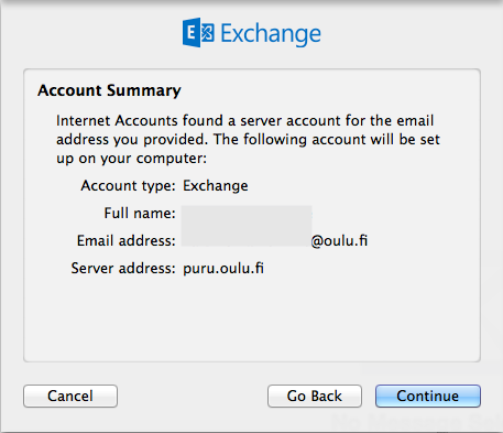 Postien siirto Koivusta Puruun Macin Mail-ohjelmalla 14.11.2014 Sivu 2 Syötä kenttiin omat tietosi ja klikkaa Jatka. Anna Exchange-tilille kuvaava nimi kohtaan Description (ei pakollinen).