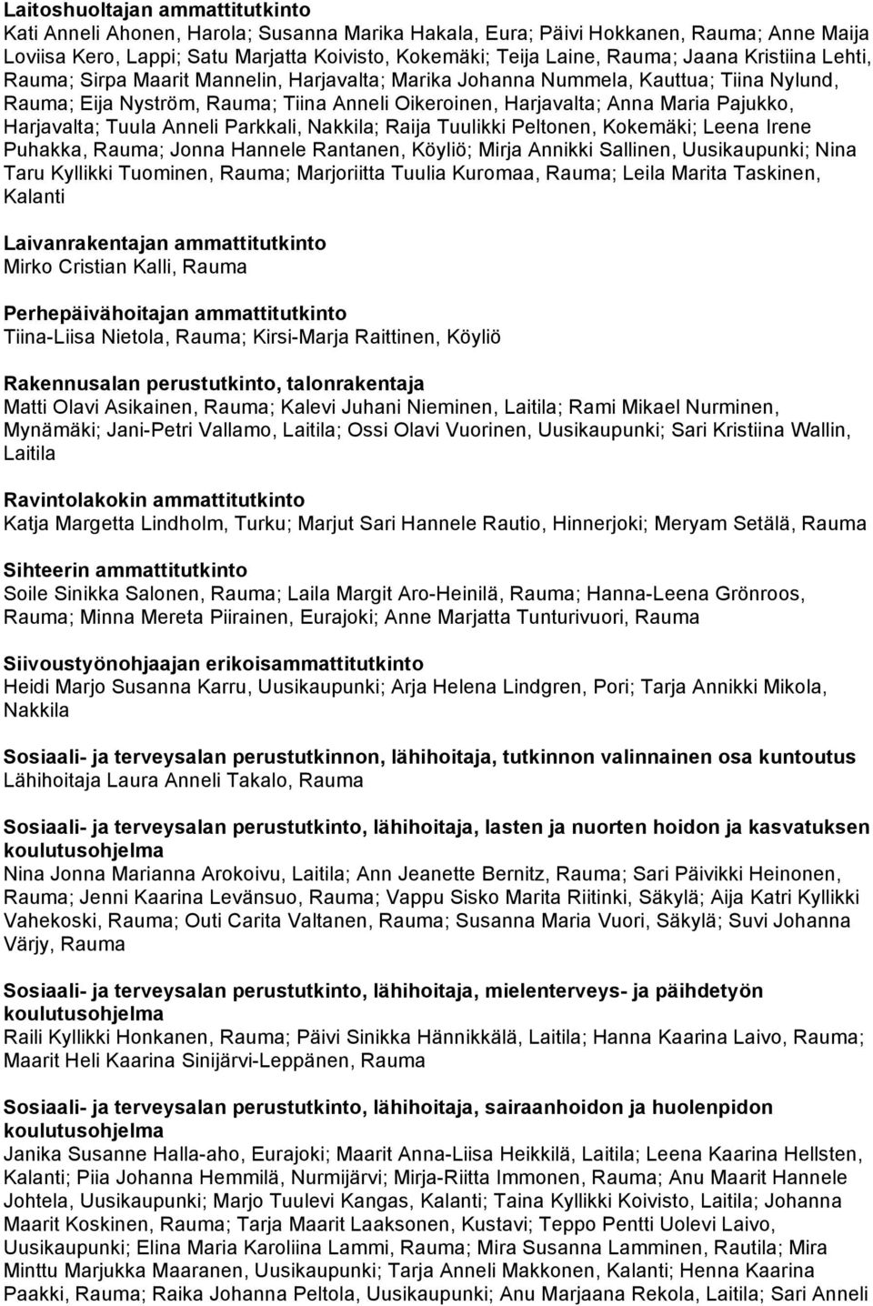 Harjavalta; Tuula Anneli Parkkali, Nakkila; Raija Tuulikki Peltonen, Kokemäki; Leena Irene Puhakka, Rauma; Jonna Hannele Rantanen, Köyliö; Mirja Annikki Sallinen, Uusikaupunki; Nina Taru Kyllikki