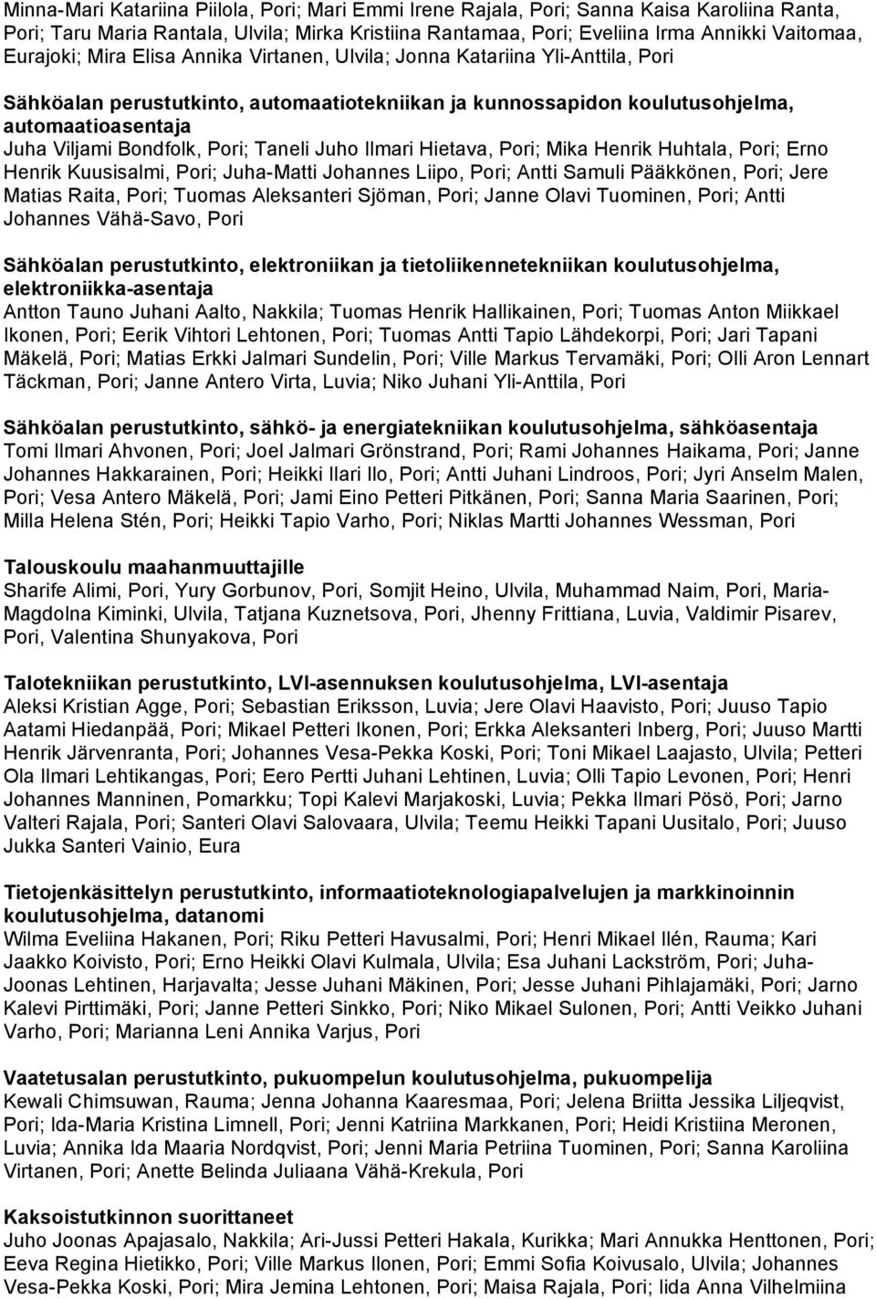 Henrik Huhtala, ; Erno Henrik Kuusisalmi, ; Juha-Matti Johannes Liipo, ; Antti Samuli Pääkkönen, ; Jere Matias Raita, ; Tuomas Aleksanteri Sjöman, ; Janne Olavi Tuominen, ; Antti Johannes Vähä-Savo,