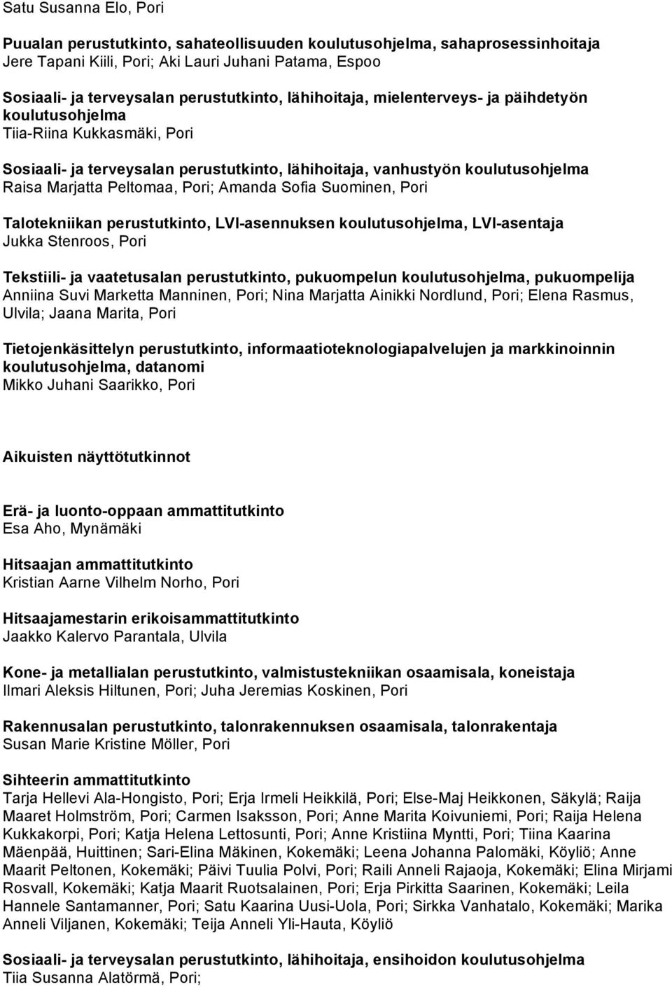 LVI-asentaja Jukka Stenroos, Tekstiili- ja vaatetusalan perustutkinto, pukuompelun, pukuompelija Anniina Suvi Marketta Manninen, ; Nina Marjatta Ainikki Nordlund, ; Elena Rasmus, Ulvila; Jaana