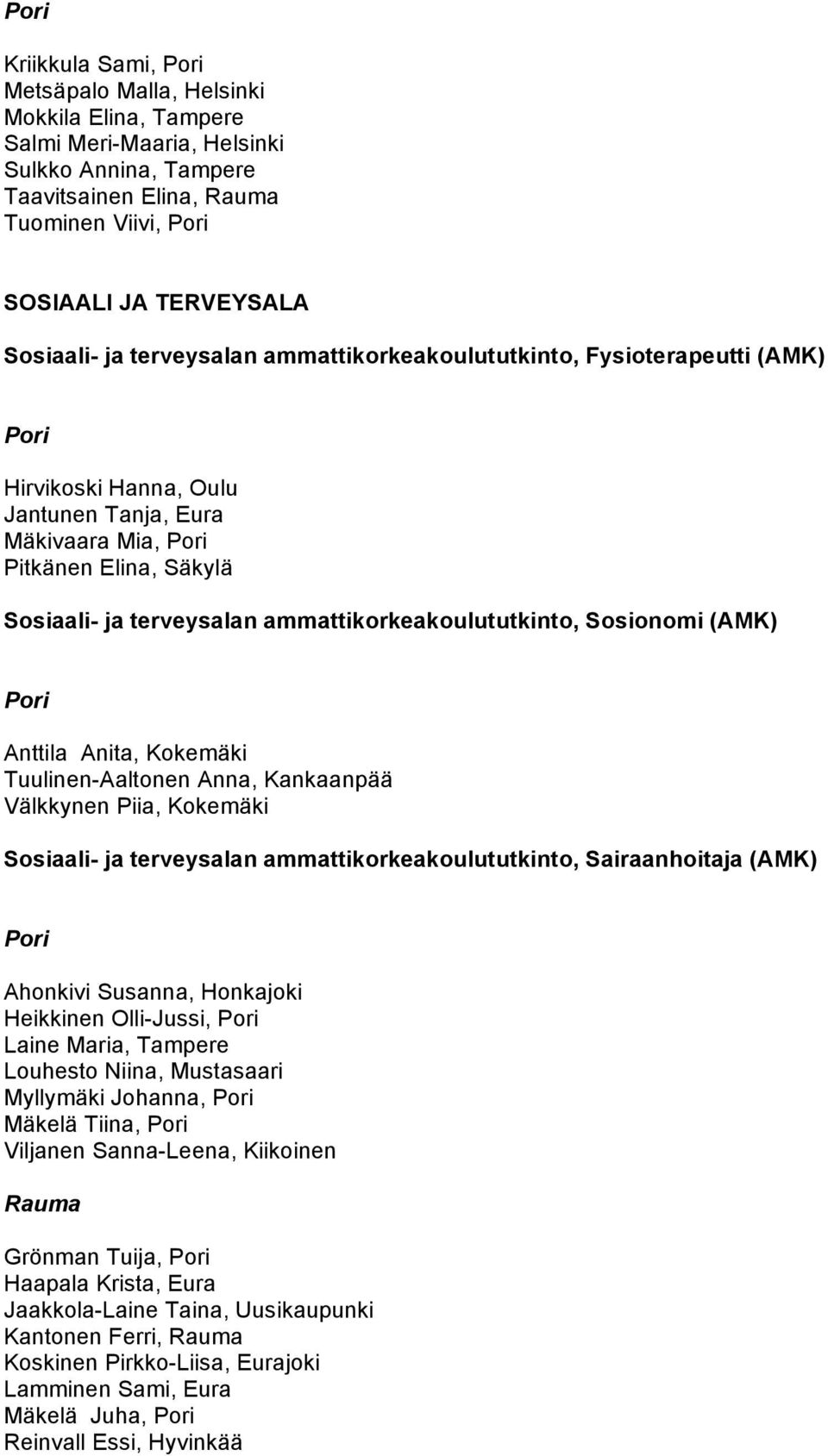 Sosionomi (AMK) Anttila Anita, Kokemäki Tuulinen-Aaltonen Anna, Kankaanpää Välkkynen Piia, Kokemäki Sosiaali- ja terveysalan ammattikorkeakoulututkinto, Sairaanhoitaja (AMK) Ahonkivi Susanna,