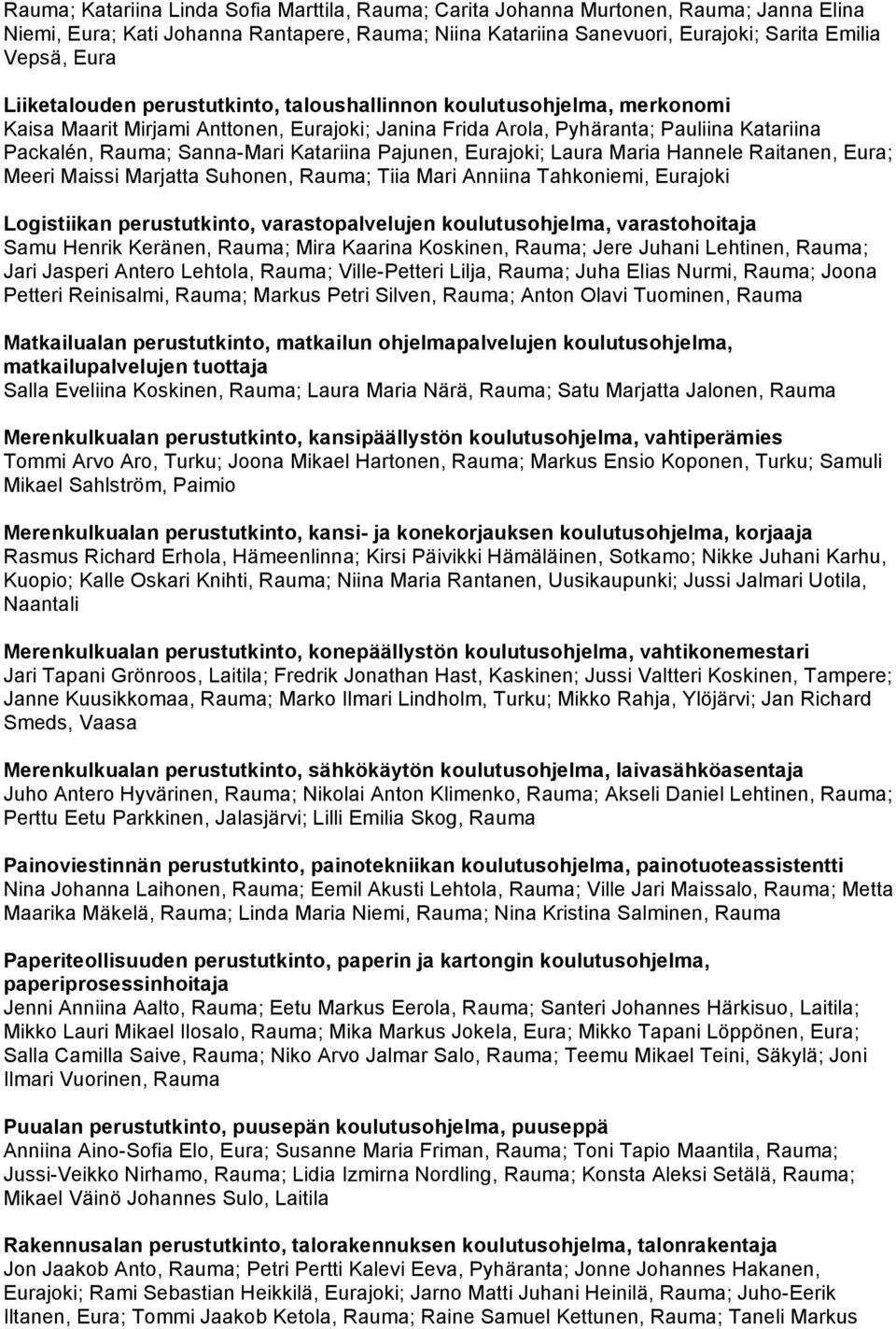 Eurajoki; Laura Maria Hannele Raitanen, Eura; Meeri Maissi Marjatta Suhonen, Rauma; Tiia Mari Anniina Tahkoniemi, Eurajoki Logistiikan perustutkinto, varastopalvelujen, varastohoitaja Samu Henrik