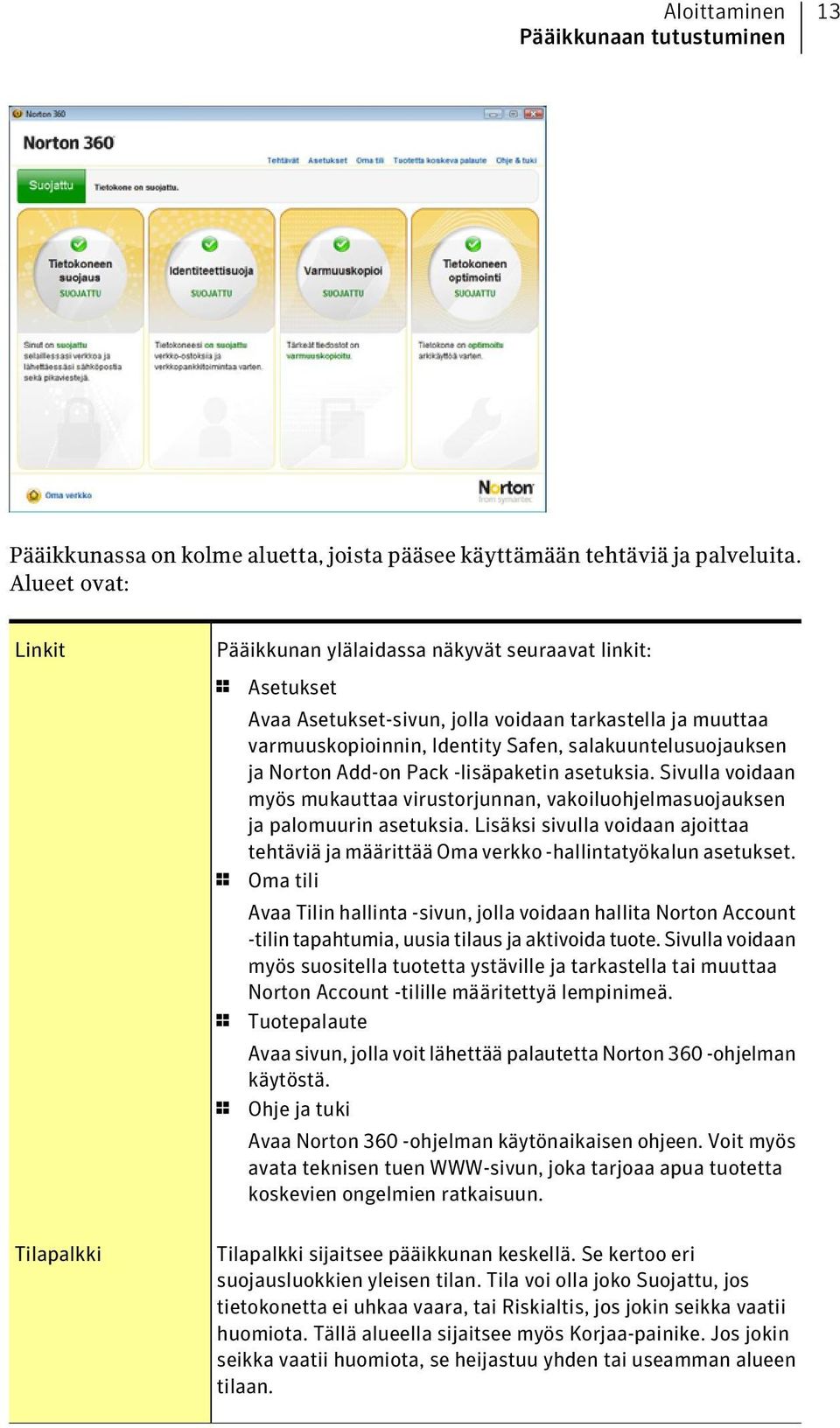 salakuuntelusuojauksen ja Norton Add-on Pack -lisäpaketin asetuksia. Sivulla voidaan myös mukauttaa virustorjunnan, vakoiluohjelmasuojauksen ja palomuurin asetuksia.