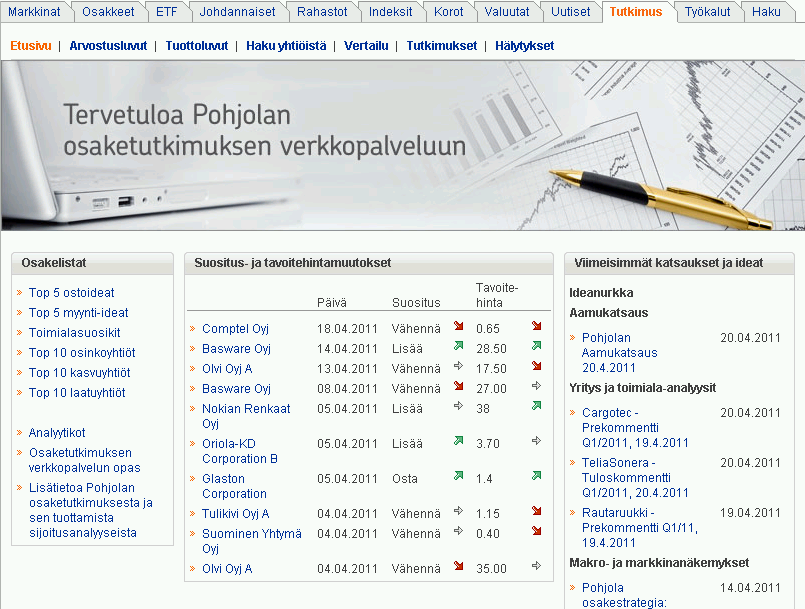 POHJOLAN OSAKETUTKIMUKSEN VERKKOPALVELUN OPAS Sisällysluettelo sivu 1. Pohjolan osaketutkimus 2 2.