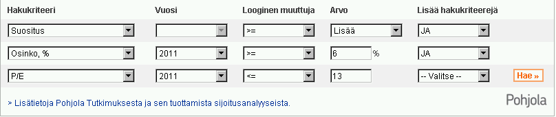 4. Haku yhtiöstä Haku yhtiöstä sivulla voit etsiä tunnuslukujen avulla eri kriteerit täyttäviä yhtiöitä. Voit käyttää maksimissaan viittä tunnuslukukriteeriä kerrallaan.