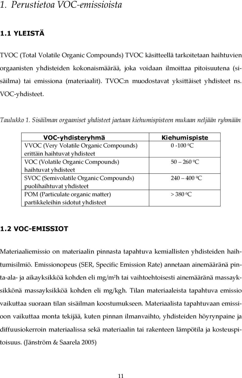 (materiaalit). TVOC:n muodostavat yksittäiset yhdisteet ns. VOC-yhdisteet. Taulukko 1.