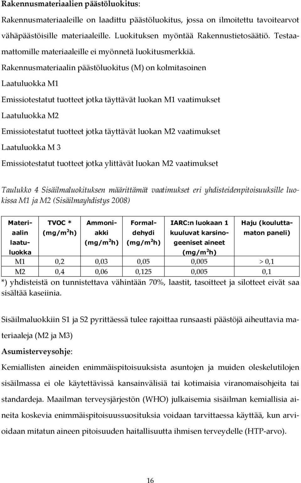 Rakennusmateriaalin päästöluokitus (M) on kolmitasoinen Laatuluokka M1 Emissiotestatut tuotteet jotka täyttävät luokan M1 vaatimukset Laatuluokka M2 Emissiotestatut tuotteet jotka täyttävät luokan M2