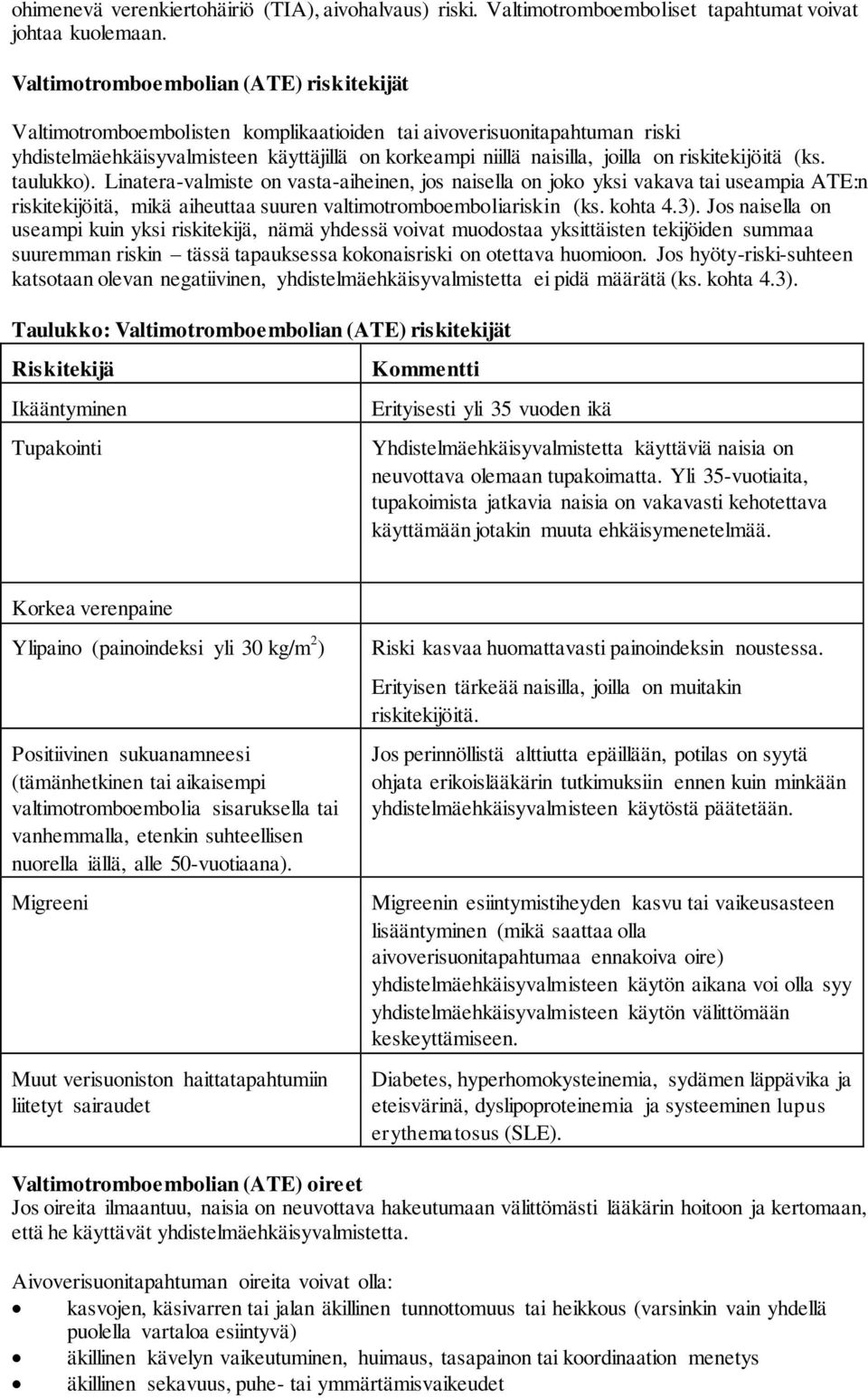 riskitekijöitä (ks. taulukko). Linatera-valmiste on vasta-aiheinen, jos naisella on joko yksi vakava tai useampia ATE:n riskitekijöitä, mikä aiheuttaa suuren valtimotromboemboliariskin (ks. kohta 4.