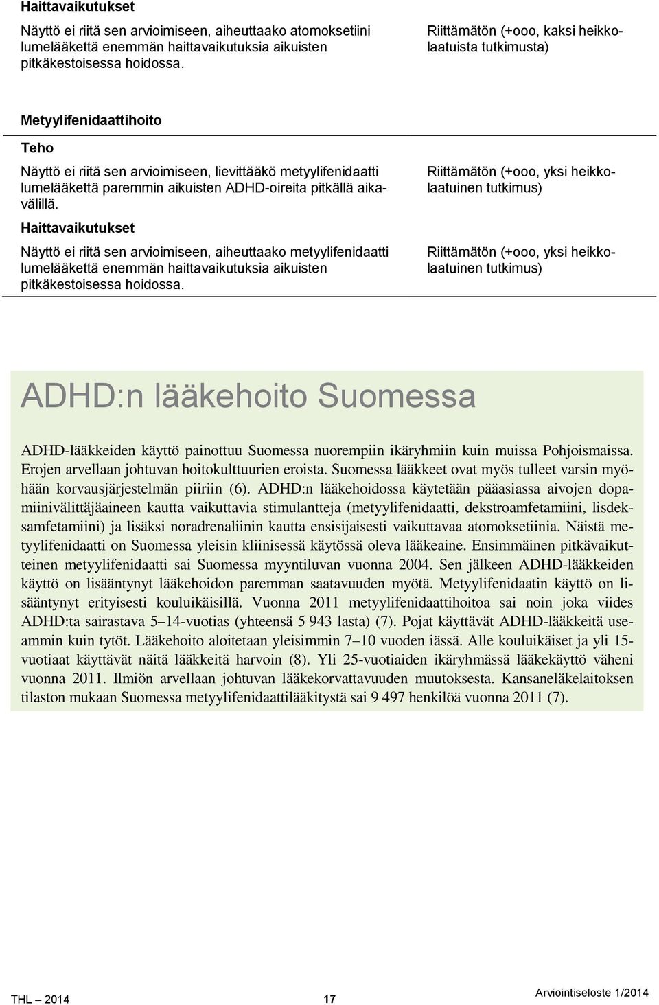 aikavälillä. Haittavaikutukset Näyttö ei riitä sen arvioimiseen, aiheuttaako metyylifenidaatti lumelääkettä enemmän haittavaikutuksia aikuisten pitkäkestoisessa hoidossa.