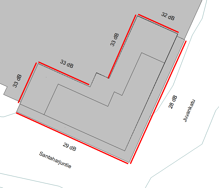 8(10) Kuva 5.1: Vaaditut äänitasoerot asuinrakennuksen julkisivuilla 5.3 Parvekkeiden suojaus melulta Kohteeseen on suunniteltu parvekkeita Juvankadun ja Santaharjuntien puoleisille julkisivuille.