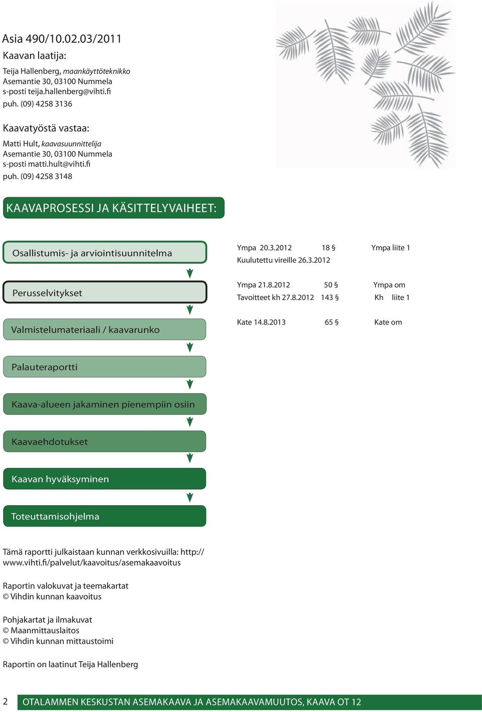 (09) 4258 3148 KAAVAPROSESSI JA KÄSITTELYVAIHEET: Osallistumis- ja arviointisuunnitelma Ympa 20.3.2012 18 Ympa liite 1 Kuulutettu vireille 26.3.2012 Perusselvitykset Ympa 21.8.2012 50 Ympa om Tavoitteet kh 27.