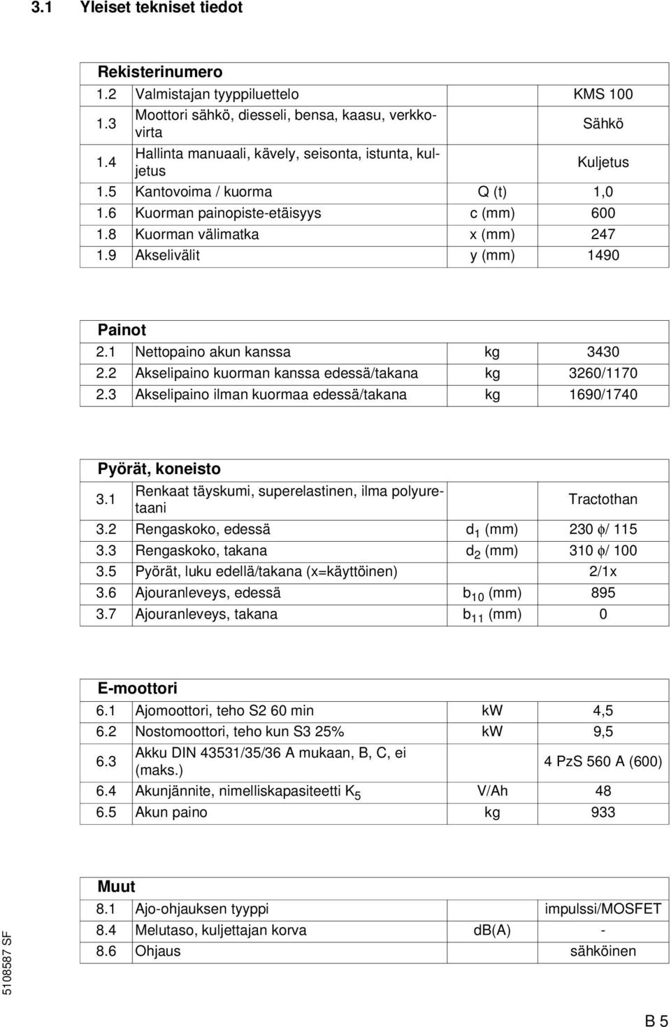 9 Akselivälit y (mm) 1490 Painot 2.1 Nettopaino akun kanssa kg 3430 2.2 Akselipaino kuorman kanssa edessä/takana kg 3260/1170 2.