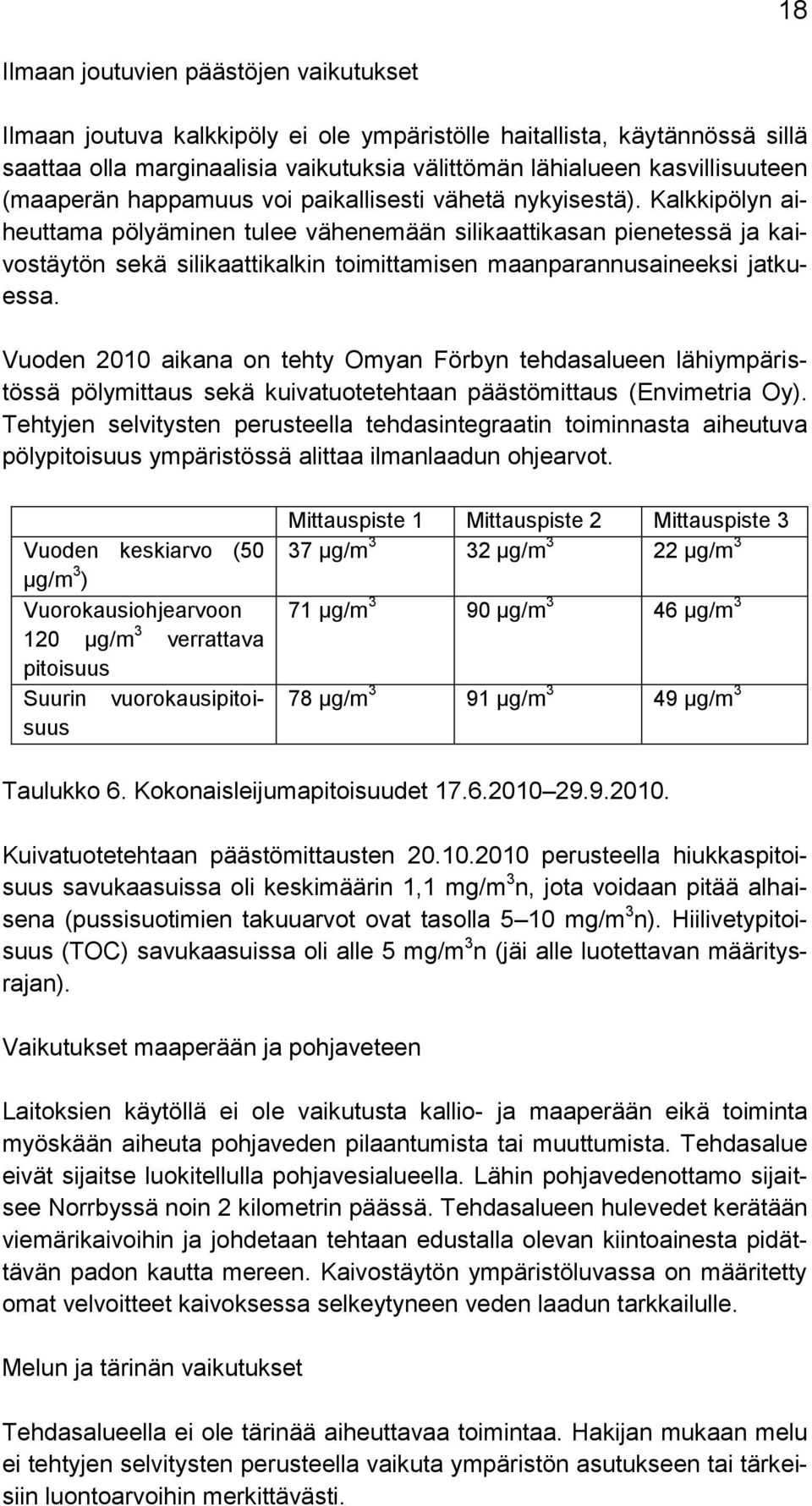 Kalkkipölyn aiheuttama pölyäminen tulee vähenemään silikaattikasan pienetessä ja kaivostäytön sekä silikaattikalkin toimittamisen maanparannusaineeksi jatkuessa.