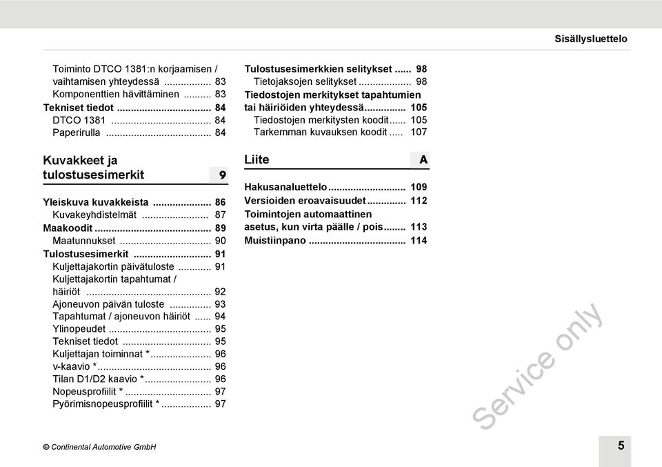 .. 107 Kuvakkeet ja tulostusesimerkit Yleiskuva kuvakkeista... 86 Kuvakeyhdistelmät... 87 Maakoodit... 89 Maatunnukset... 90 Tulostusesimerkit... 91 Kuljettajakortin päivätuloste.