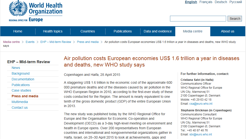 WHO report 28/4-2015 600 000 premature deaths caused by air pollution in Europe