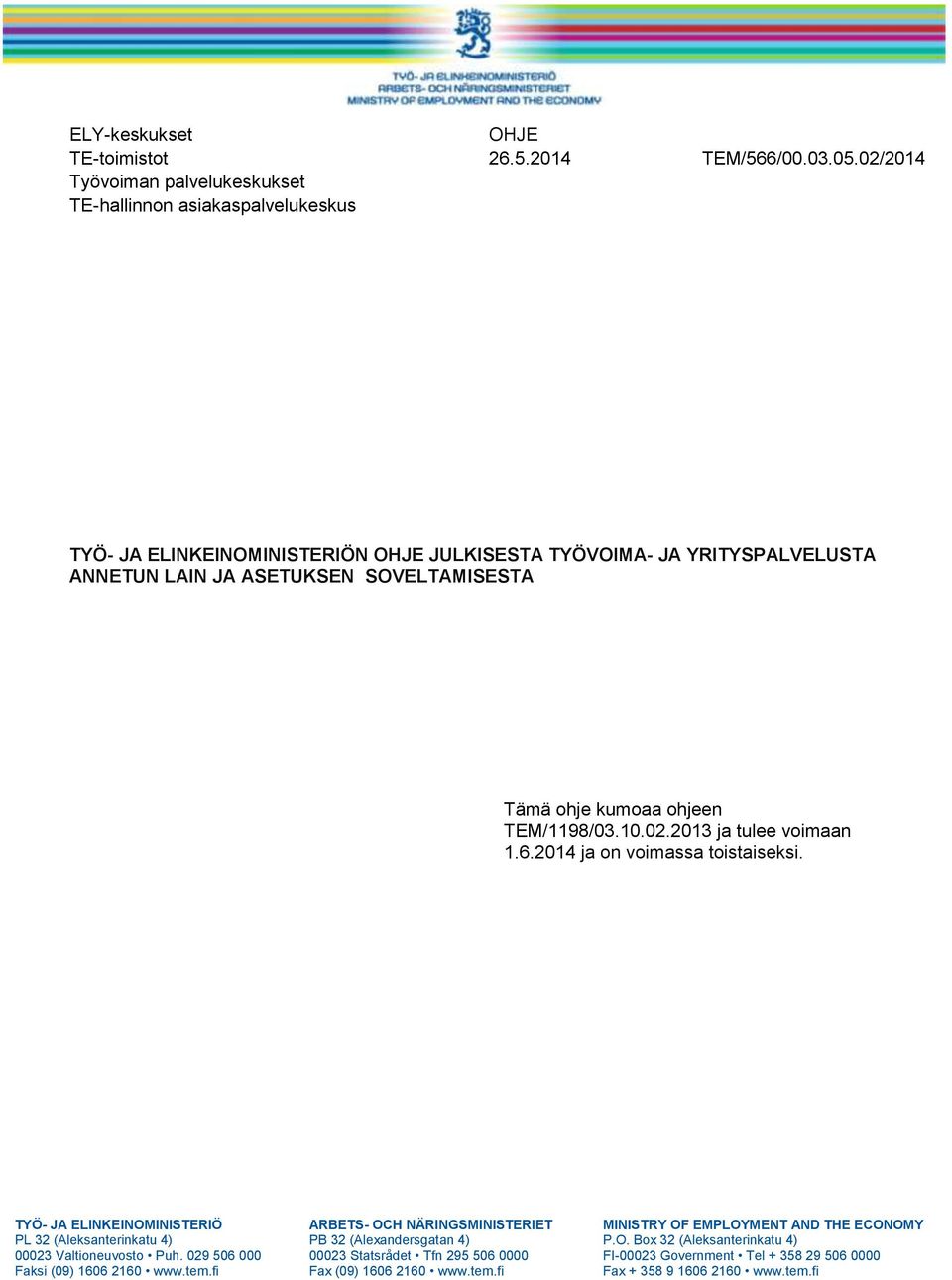 Tämä ohje kumoaa ohjeen TEM/1198/03.10.02.2013 ja tulee voimaan 1.6.2014 ja on voimassa toistaiseksi.