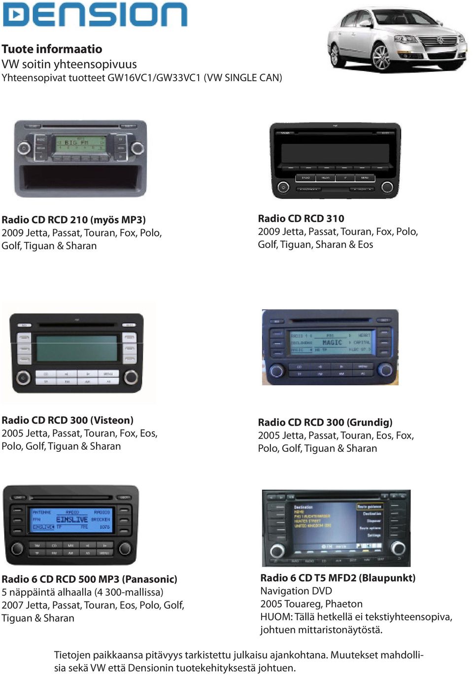 Touran, Eos, Fox, Polo, Golf, Tiguan & Sharan Radio 6 CD RCD 500 MP3 (Panasonic) 5 näppäintä alhaalla (4 300-mallissa) 2007 Jetta, Passat, Touran, Eos, Polo, Golf, Tiguan & Sharan Radio 6 CD T5 MFD2